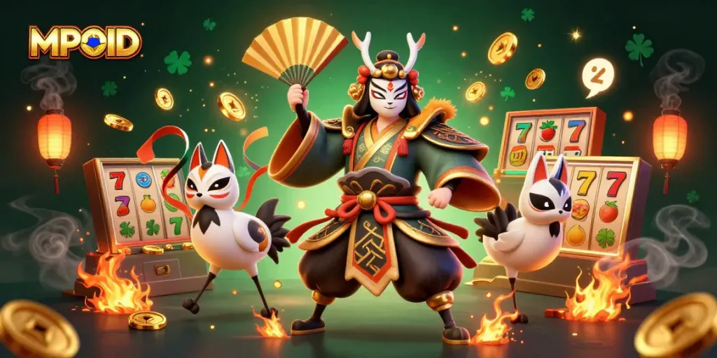 MPOID illustrates a vibrant slots scene featuring a kabuki warrior and dynamic game elements.