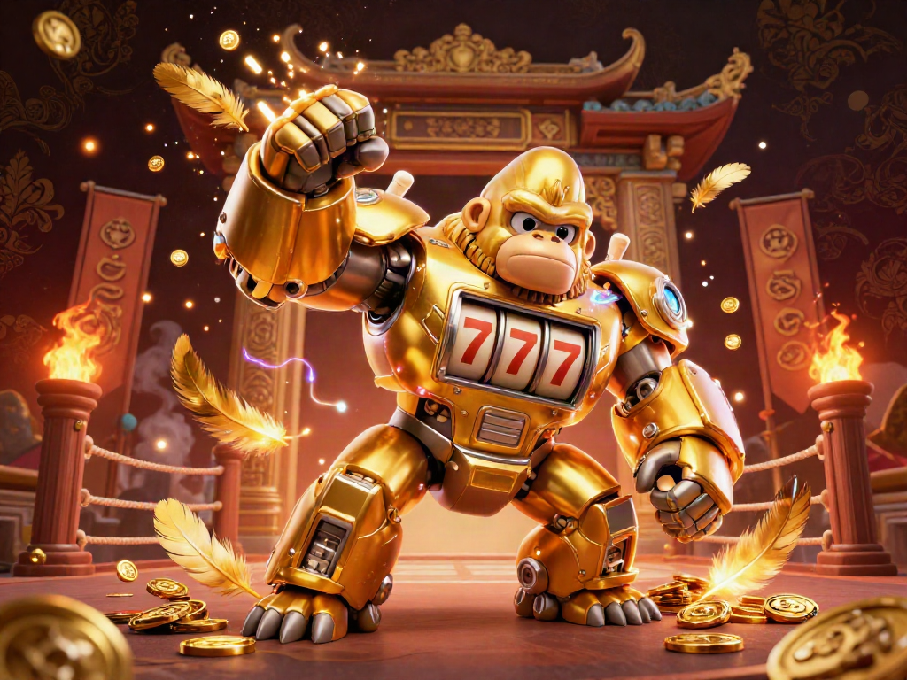 Engage with the dynamic power of qh88 as a golden gorilla mech unleashes coins from its slot machine chest amidst an energetic casino atmosphere.