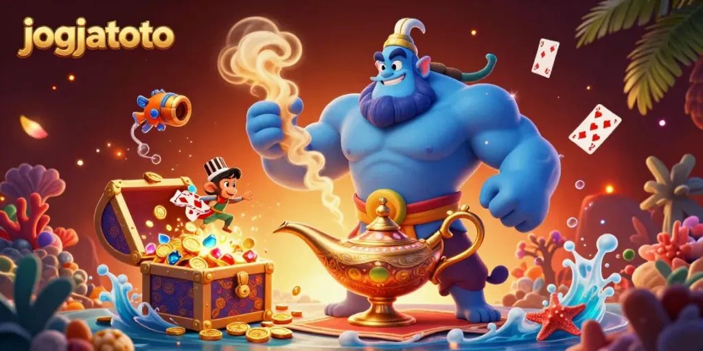 Engage in excitement with jogjatoto's iconic genie and monkey amidst treasure and gaming elements.