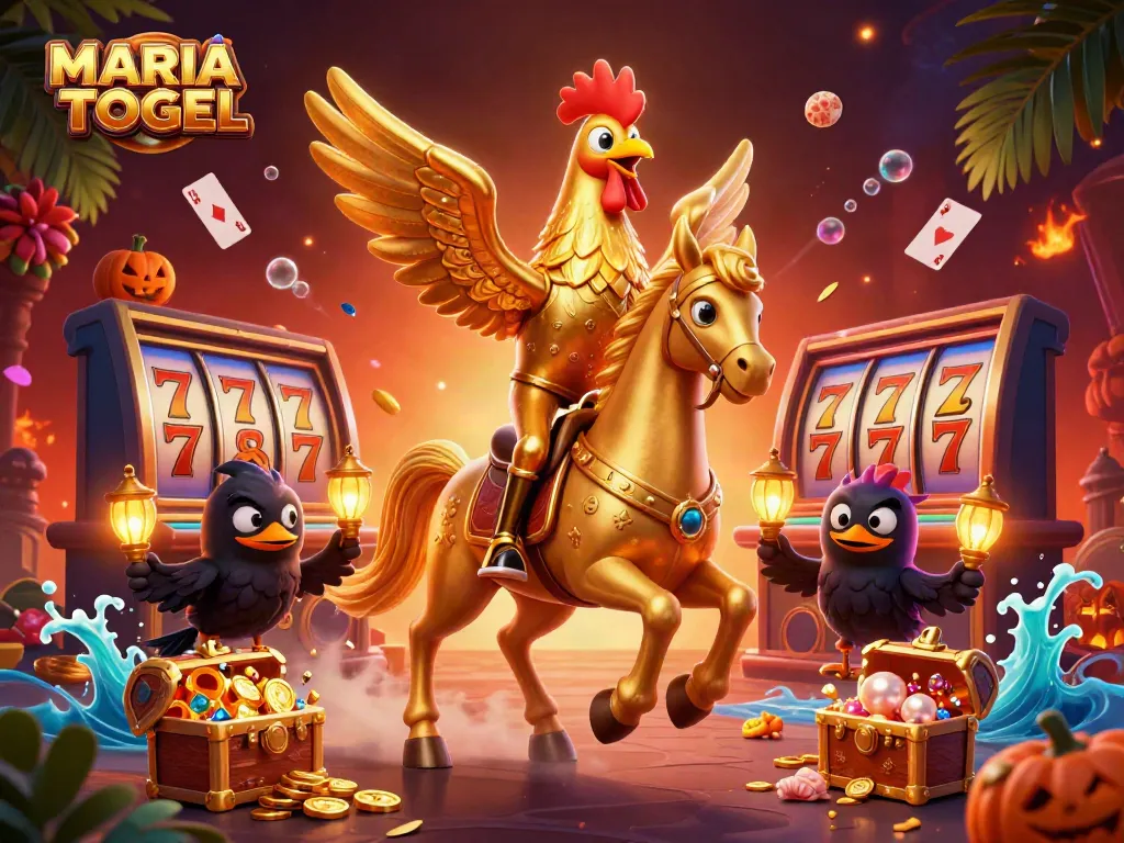 MARIATOGEL features a golden rooster character in a vibrant casino setting, showcasing slot reels and floating cards.