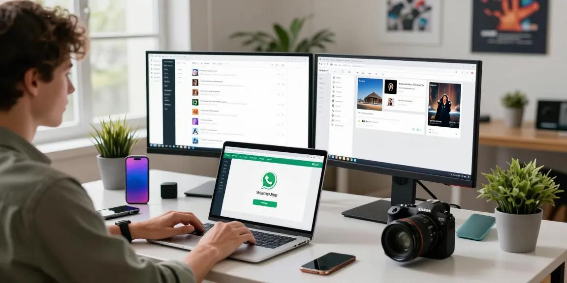 User accessing WhatsApp網頁版 on laptop in a modern workspace with tech gadgets.