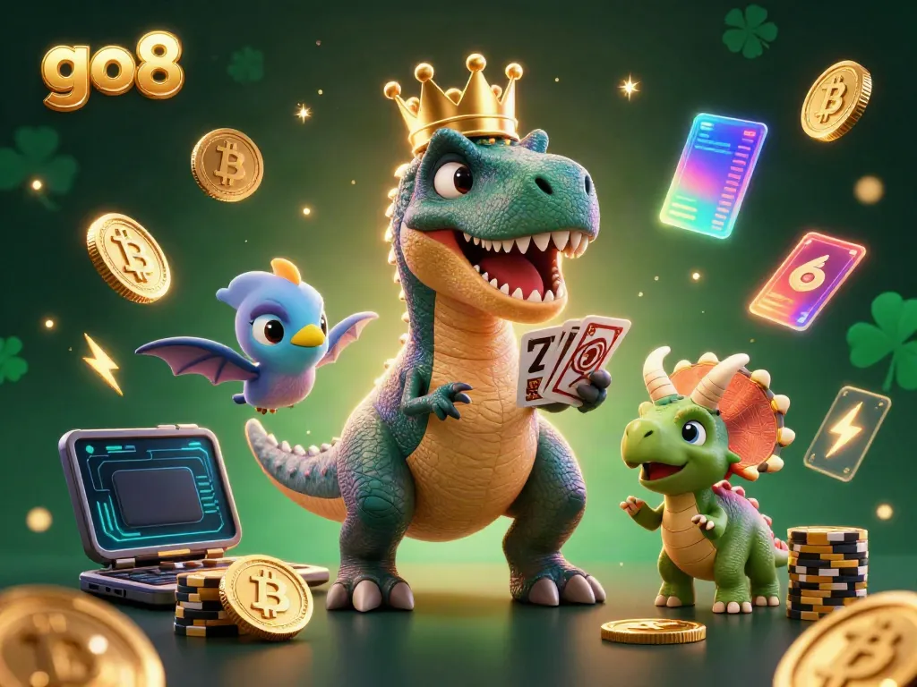 Engage with go8’s dynamic casino scene featuring a T-Rex shuffling cards, showcasing vibrant gaming elements.