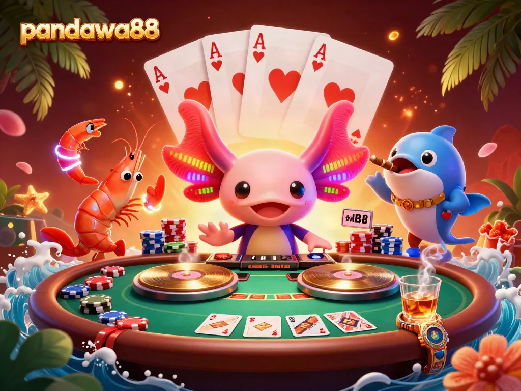 Permainan seru di pandawa88 dengan DJ axolotl neon dan kerang keriangan, penuhi meja poker.