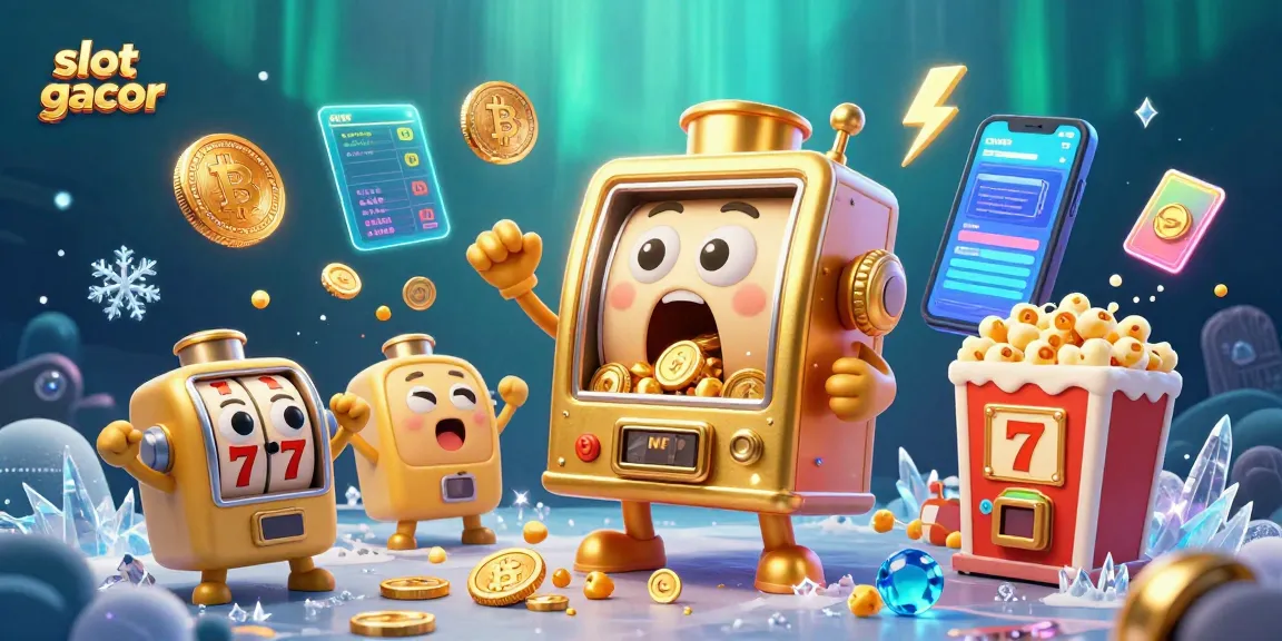 Menangkan slot gacor dengan mesin slot emas lucu yang merayakan jackpotnya di tengah tumpahan koin emas.