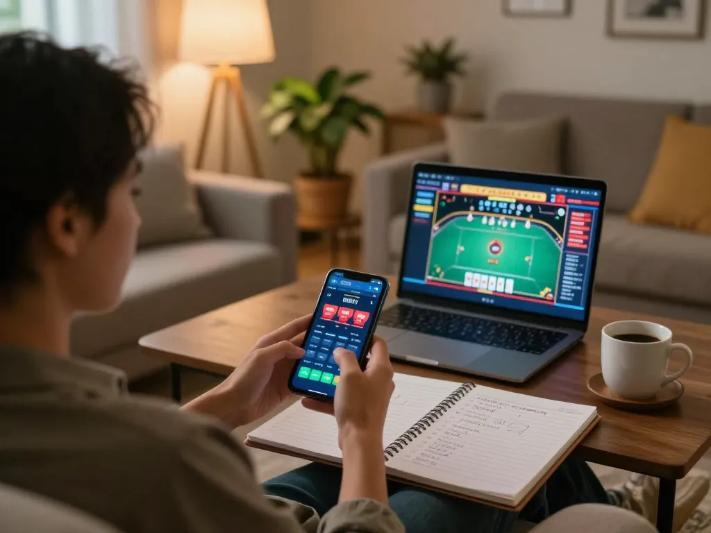 PULSASLOT SLOT ONLINE TERPERCAYA player utilizing smartphone app for online betting strategy in cozy home.
