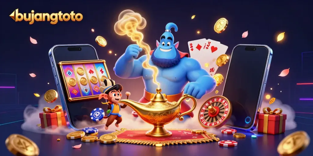 Experience vibrant casino fun with bujangtoto as a genie, monkey, and magic carpet bring slot games to life.