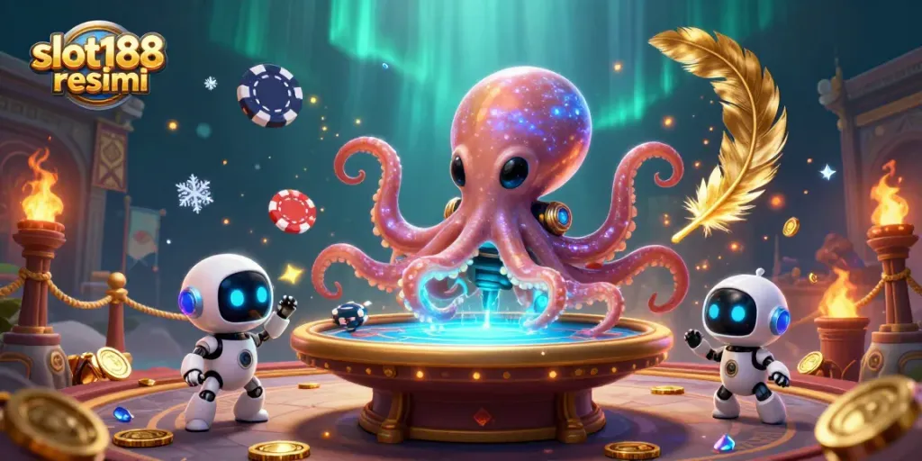 Bermain slot188 resmi dengan alien dan robot sambil dikelilingi koin emas dan efek visual menarik.