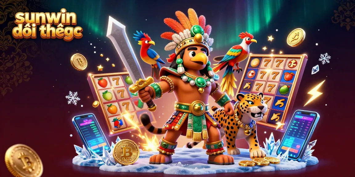 Spin and win with sunwin đổi thưởng in a vibrant 3D casino scene featuring slot reels and crypto coins.