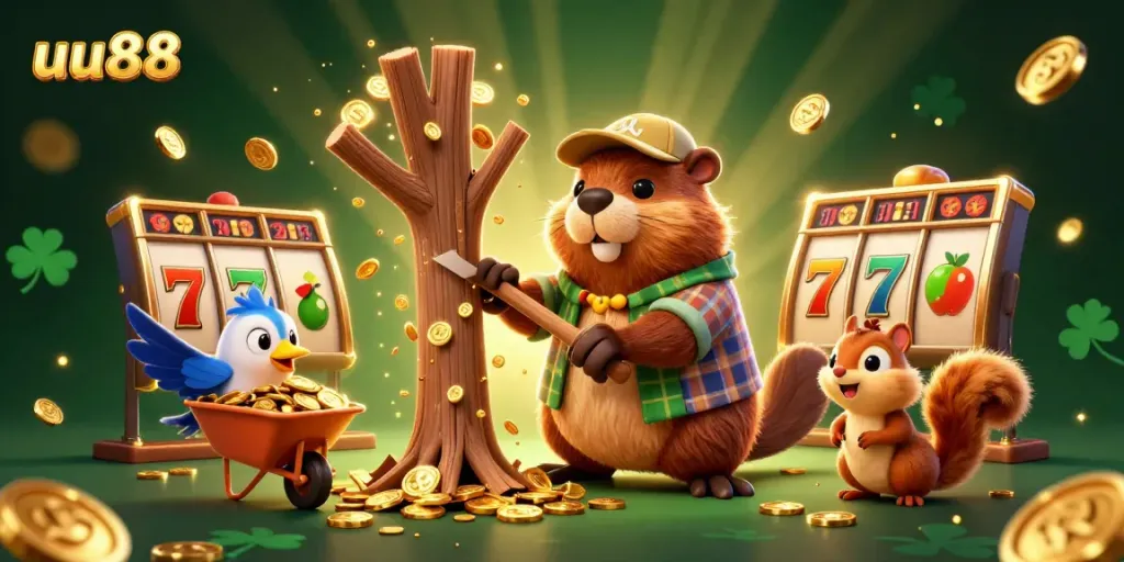 Experience the excitement of uu88 with cartoon characters enjoying a casino atmosphere filled with golden coins.