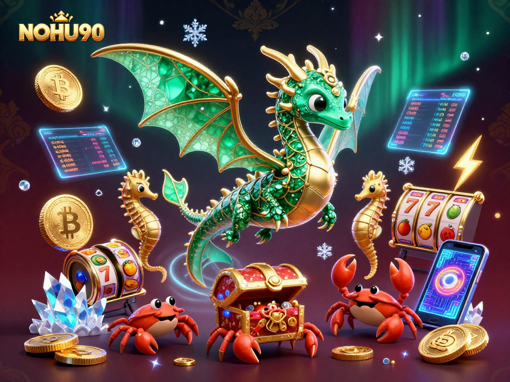 NoHU90 showcases a vibrant casino-themed underwater scene with a sea dragon, casino elements, and crypto coins.