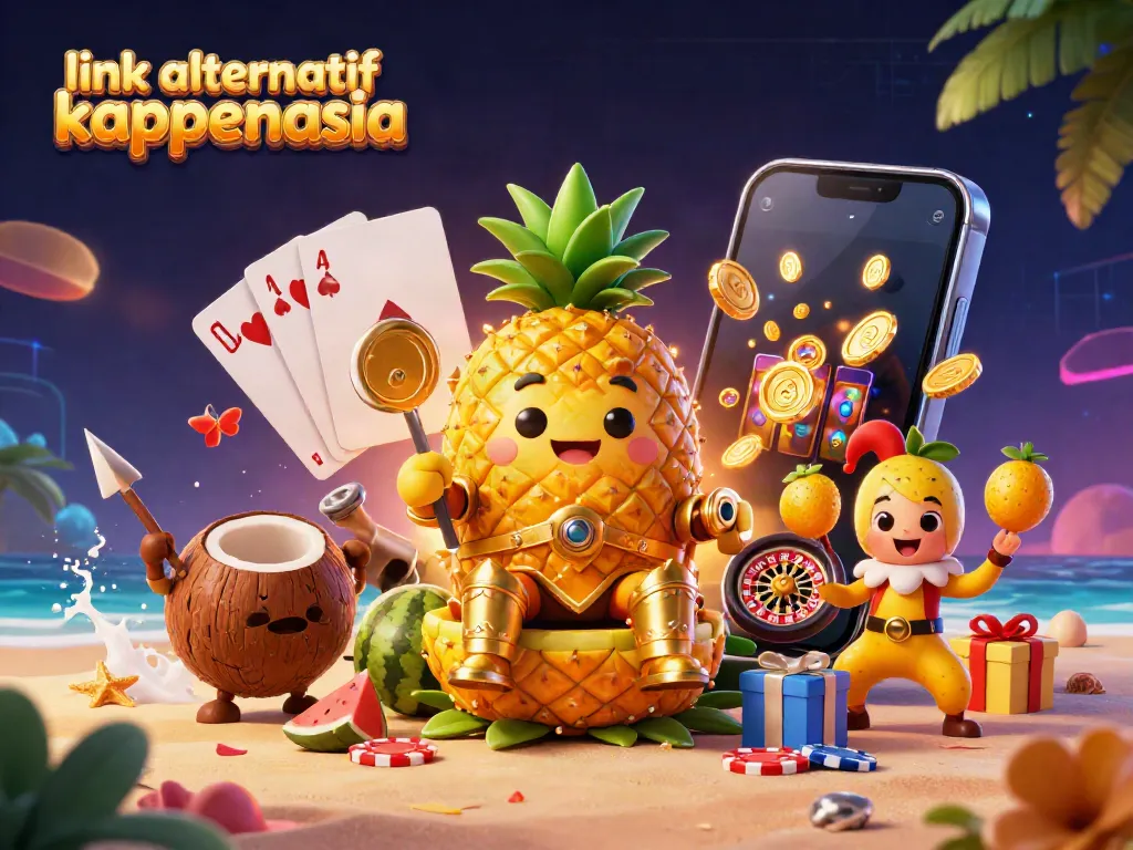 Menghadirkan link alternatif kaptenasia, raja nanas emas 3D berperang dengan pelindung kelapa, permainan slot yang berputar, dan keceriaan di casino pantai.