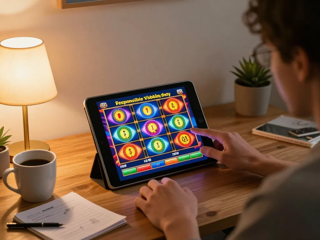 LIGA2000 player engaged with online slots on tablet, promoting responsible gaming and strategic play