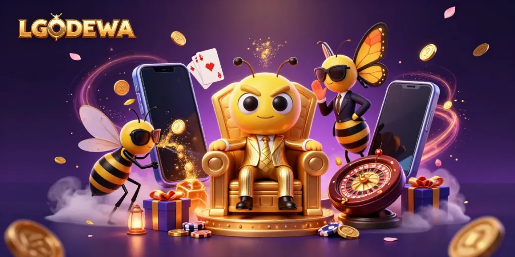 Experience dynamic gaming action with LGODEWA's vibrant 3D characters and casino elements.