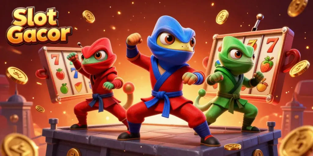 Slot Gacor menampilkan tim ninja chameleon beraksi di kasino dengan simbol jackpot dan slot reels.