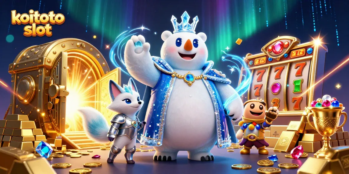 Mainkan koitoto slot untuk meraih jackpot berlimpah! Gambar raja beruang kutub dan rubah salju dikelilingi harta yang berkilau.