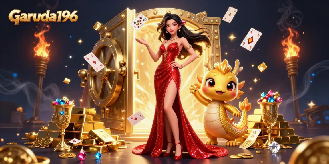 Experience the excitement of Garuda196 with a stunning illustration of a captivating casino scene featuring a glamorous Asian lady and golden treasures.