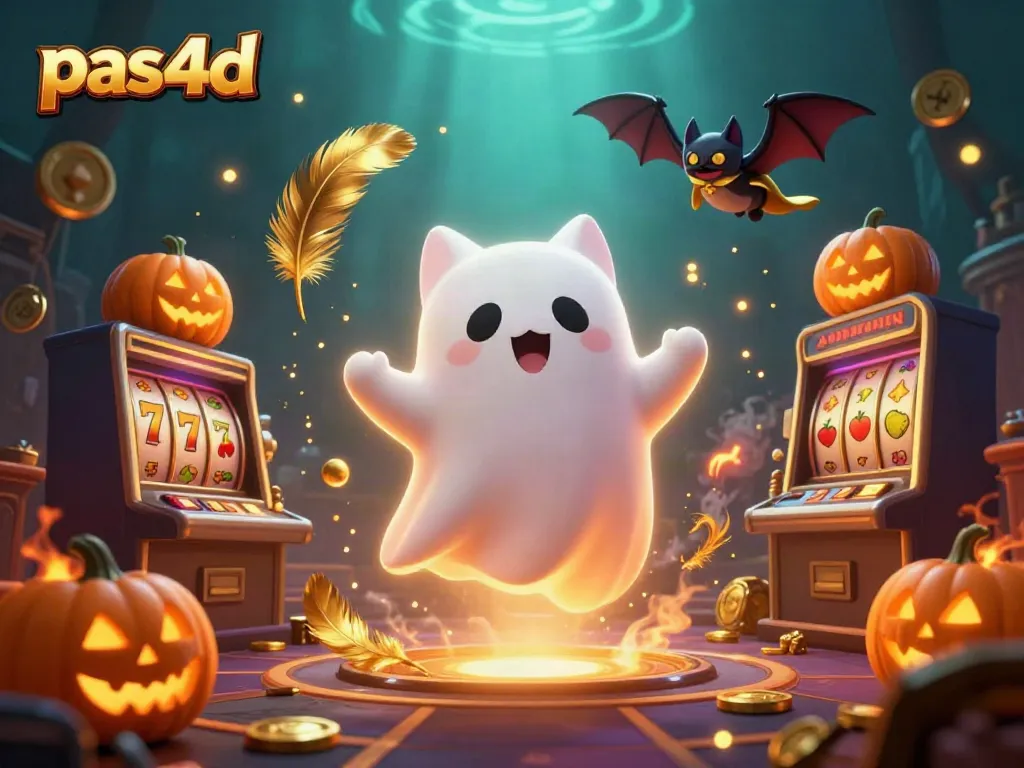 Akses cepat permainan pas4d dengan kucing hantu dan kelelawar dalam ilustrasi kasino.