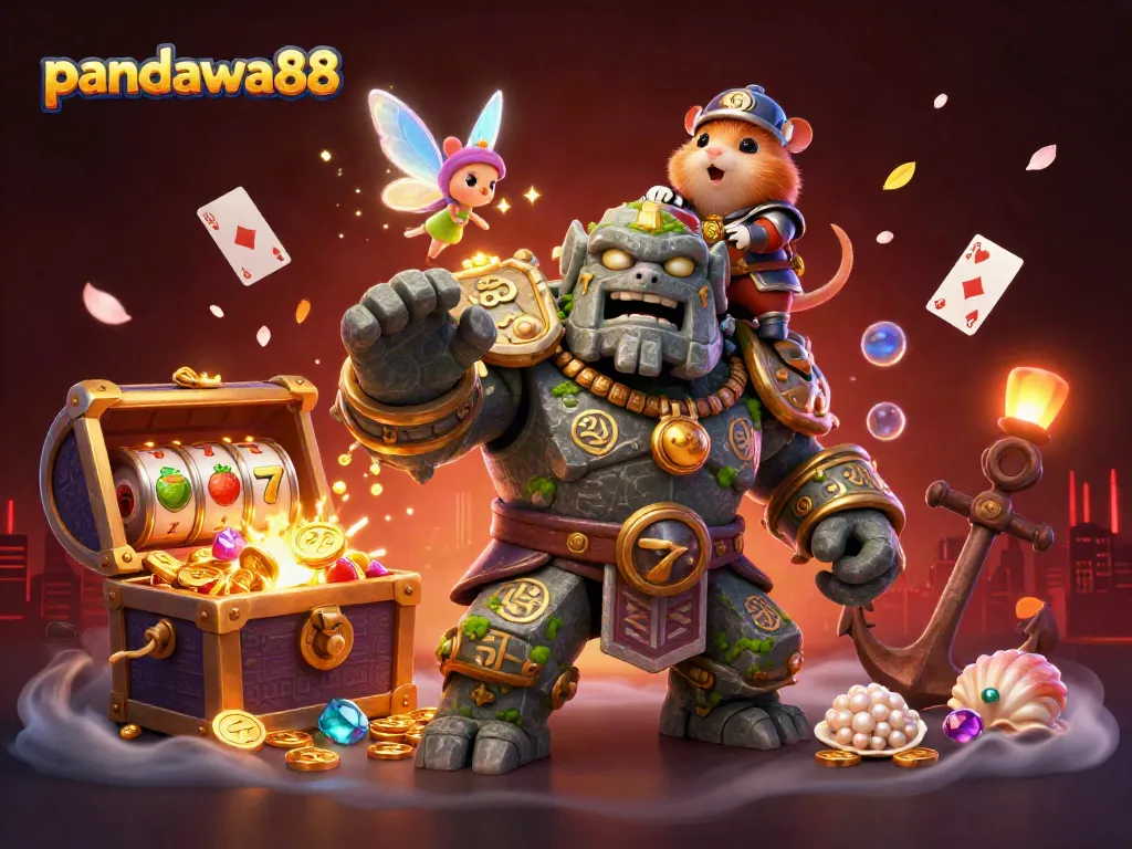 Karakter pandawa88 dalam ilustrasi kasino, menghidupkan suasana bermain game slot yang menarik.