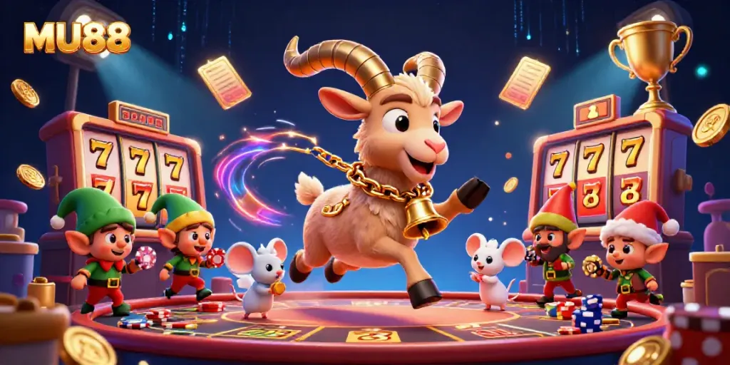 MU88 showcases a festive casino scene with characters among vibrant slot games and dynamic elements.