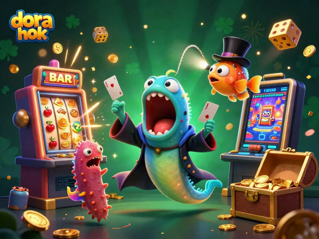 Melihat dora hok beraksi di kasino dengan harta karun dan jackpot berlimpah.