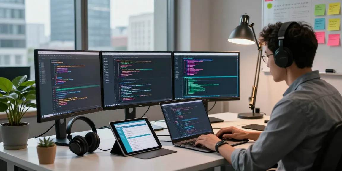 Pengembang perangkat lunak di ruang kerja modern dengan SGA33, menggunakan laptop dan monitor menampilkan kode dengan fokus dan inspirasi.