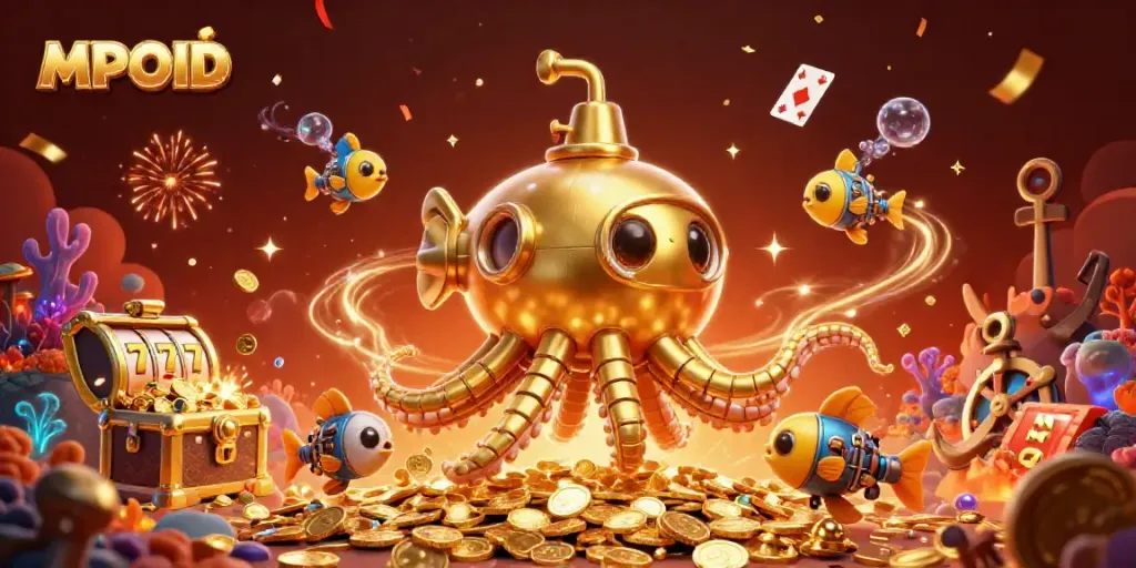 MPOID showcases a vibrant casino-themed underwater scene with a kraken submarine and gold coins.