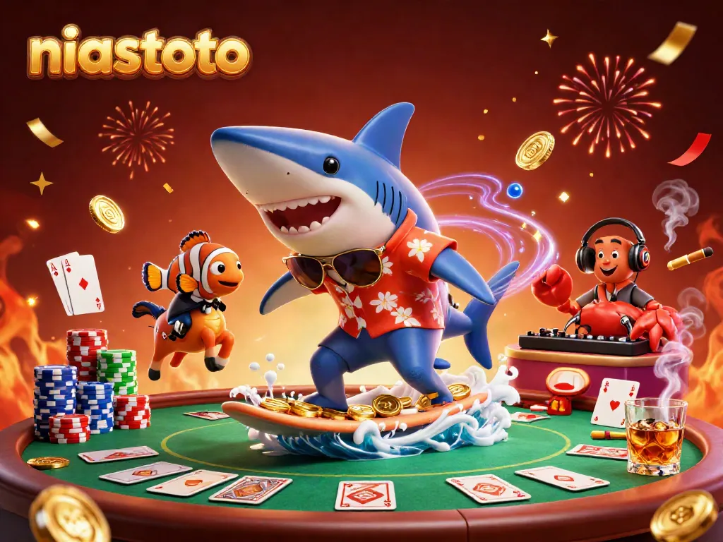 Serunya permainan niastoto dengan hiu kartun memegang koin emas dan karakter lainnya di latar belakang kolam permainan