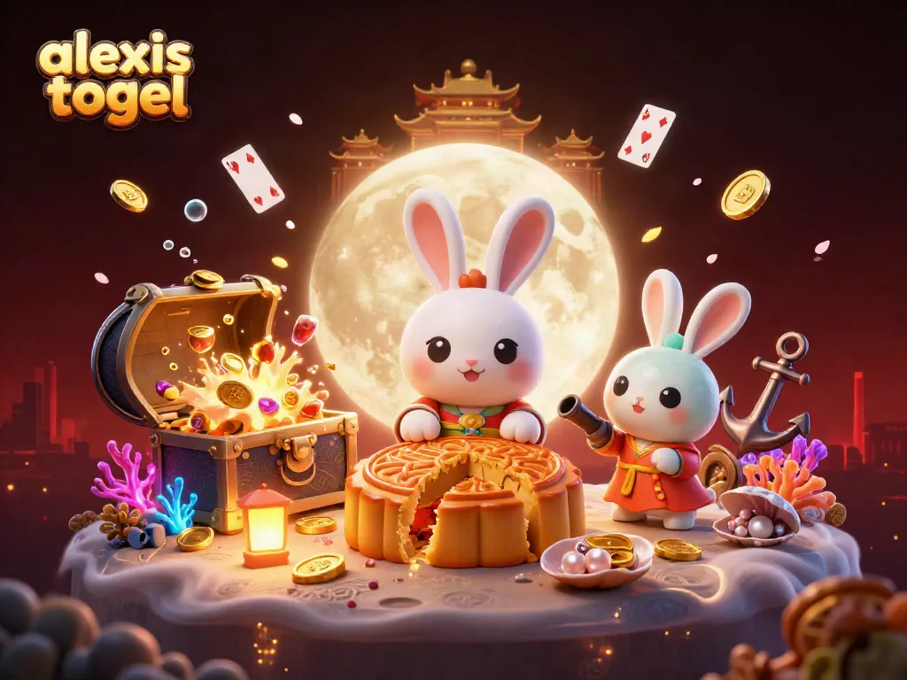 Gambaran ilustrasi 3D alexis togel dengan kelinci bulan dan elemen kasino menarik lainnya.