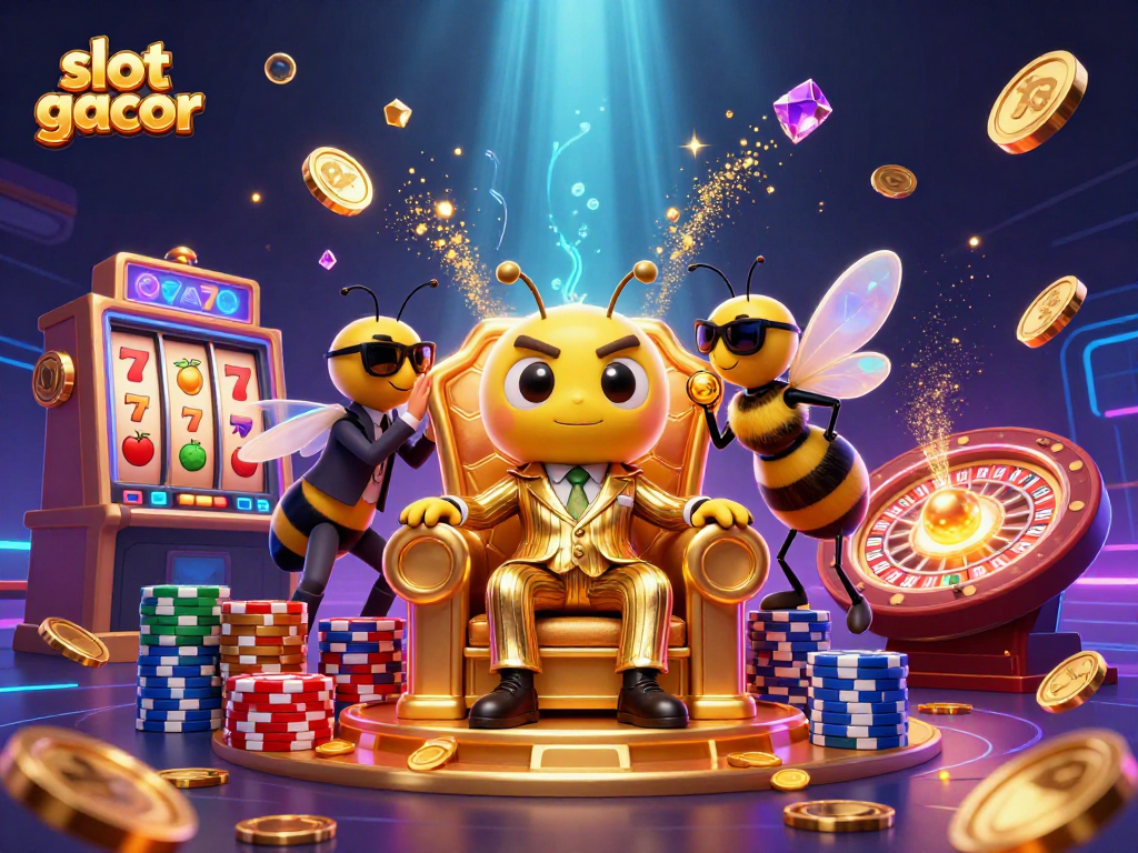 Experience the thrill of slot gacor games with a whimsical bumblebee mob boss illustration in a vibrant 3D casino setting.