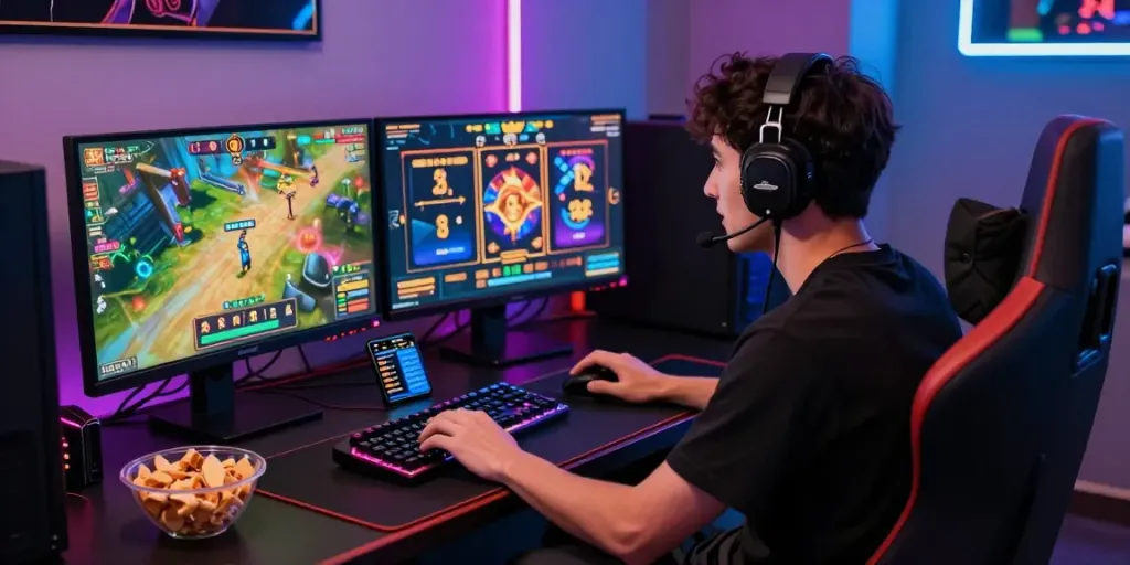 Pemain situs gacor menikmati permainan slot online dengan antusias, dikelilingi aksesori gaming modern.