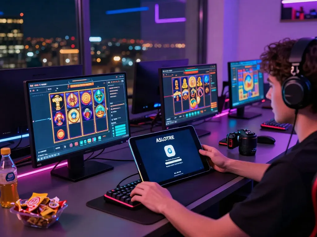 ASLOTRE pemain bersemangat di meja gaming dengan aplikasi terbuka.