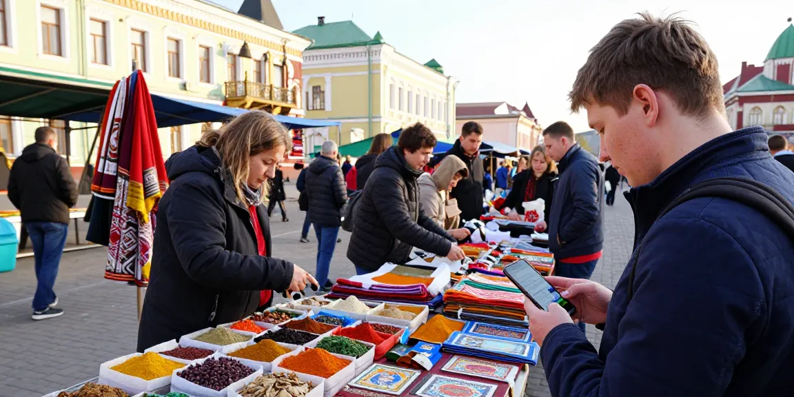 Membayar dengan mudah di Rusia menggunakan aplikasi https://payinrussia.com/ di pasar lokal yang ramai.