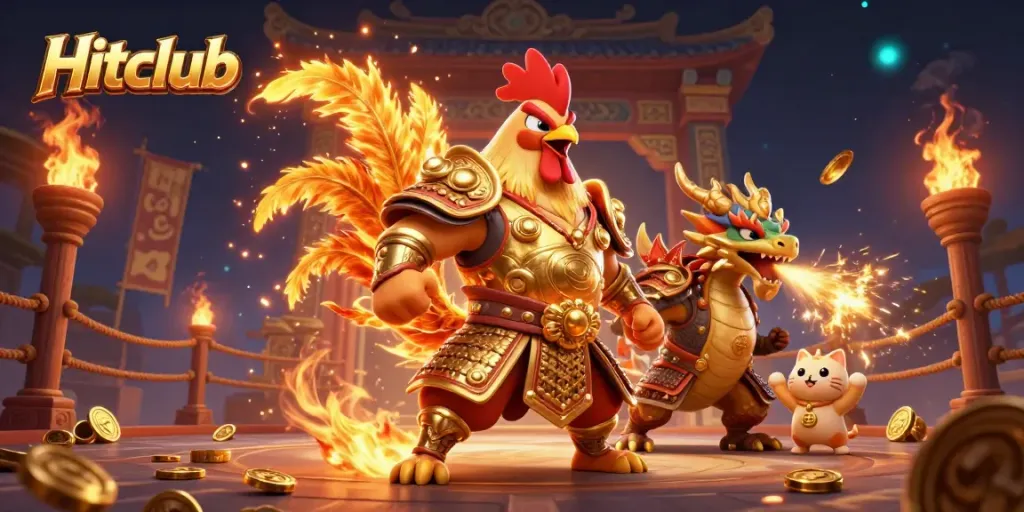 Engage in Hitclub with an epic battle scene featuring a cartoon rooster warrior and dragon amidst a dazzling casino arena.