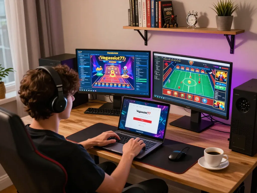 Engaging in online gaming at home with vegasslot77 login displayed on the laptop screen.