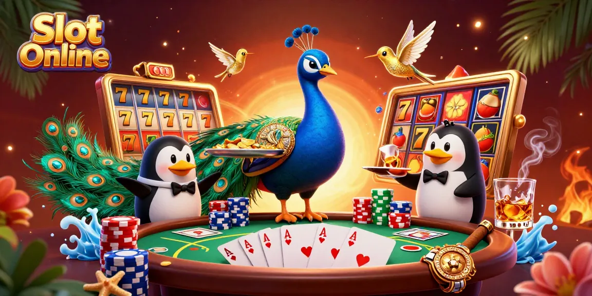 Spin the Slot Online reels featuring a peacock, penguin, and hummingbird amidst vibrant gaming elements.