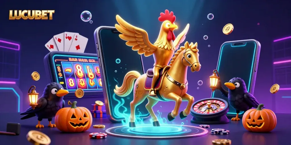 Experience the dynamic LUCUBET casino adventure with a golden rooster and pumpkin-headed crows in a vibrant scene of slots and gaming.