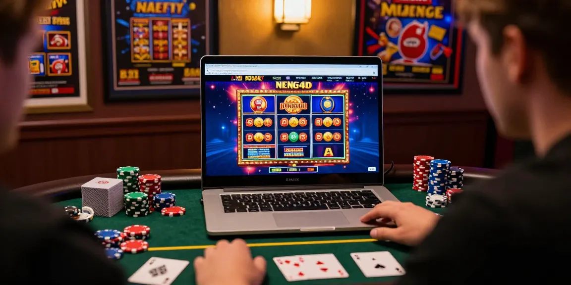 Pengguna NENG4D sedang menikmati permainan slot online dengan perangkat komputernya.