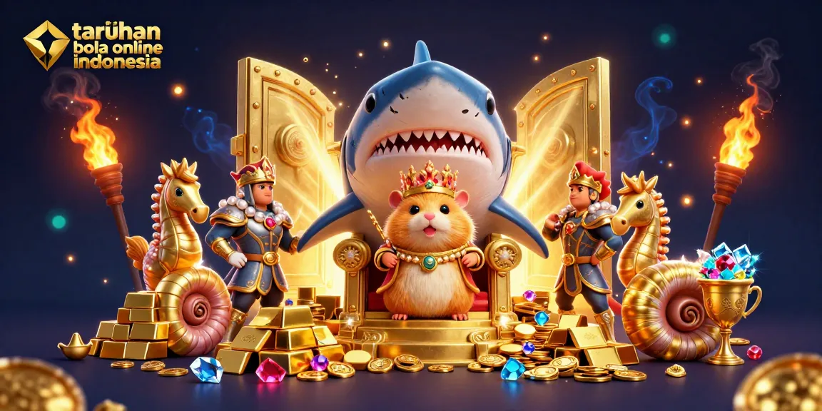 Experience taruhan bola online indonesia with a vibrant 3D scene featuring a hamster king and treasures.