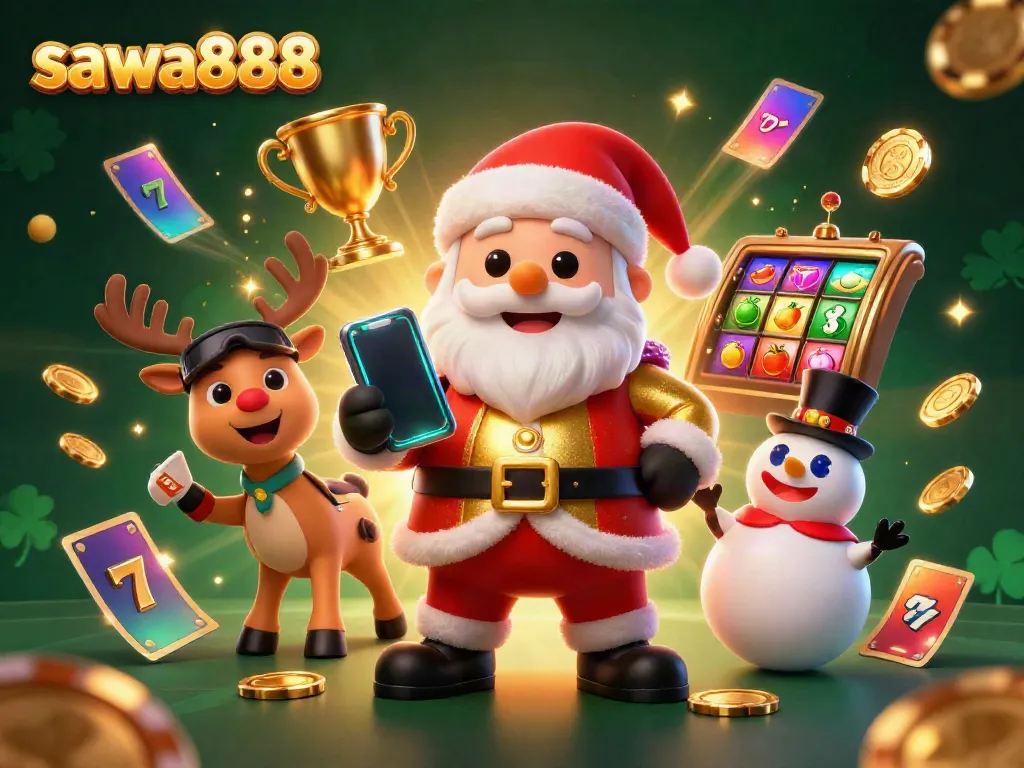 Join the festive fun with sawa888 featuring Santa and friends celebrating big wins!