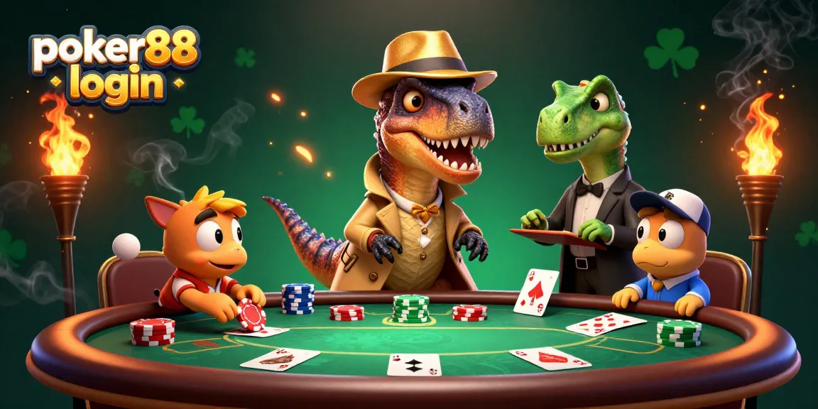 Engage in poker88 login strategies with a velociraptor at a thrilling poker table, surrounded by playful characters.