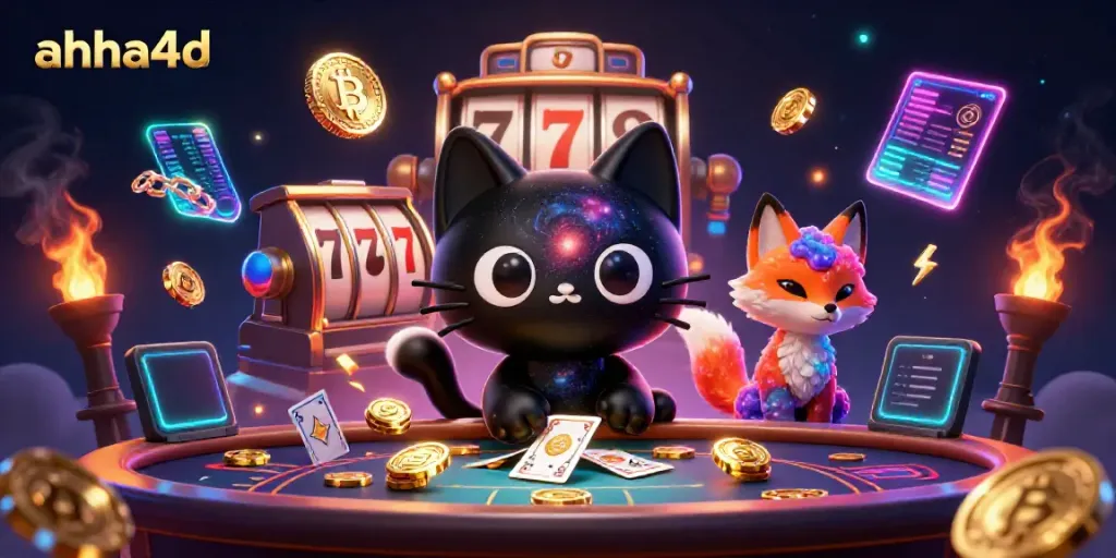 Ahha4d menyajikan pengalaman bermain slot online yang seru dengan kucing hitam gravitasi menarik koin emas dan kartu.