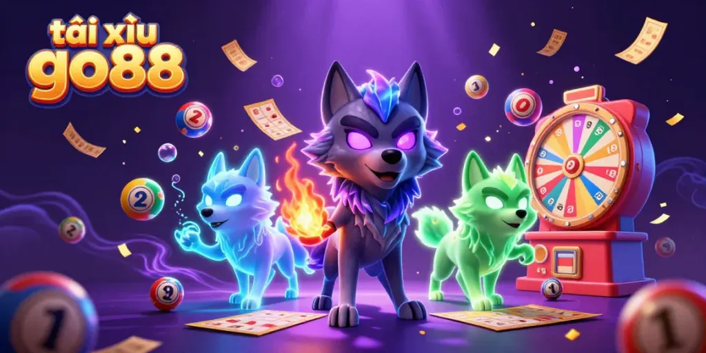 Experience the excitement of tài xỉu go88 with a vibrant 3D illustration featuring glowing wolf spirits and dynamic game elements.