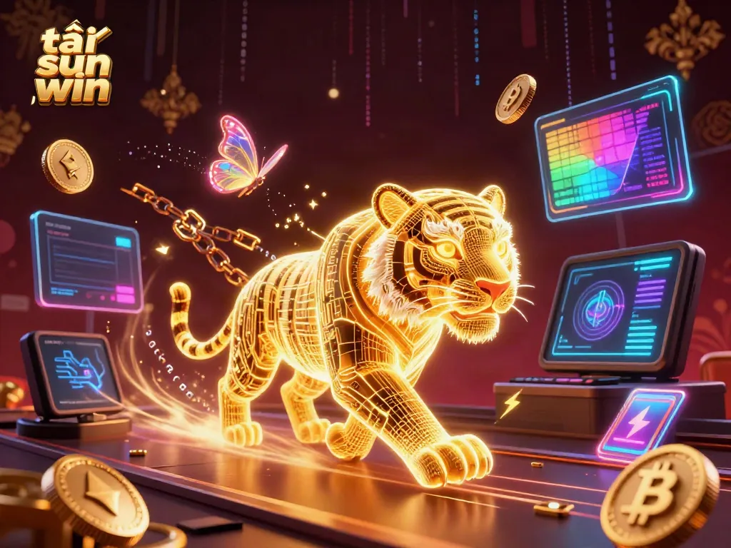 Experience tải sun win with an energizing digital casino scene featuring a neon golden tiger and holographic elements.