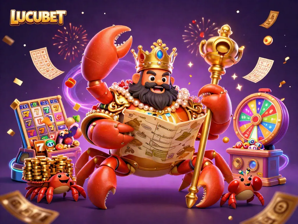 LUCUBET features an emperor crab with treasures, slot reels, and vibrant casino elements in a festive scene.