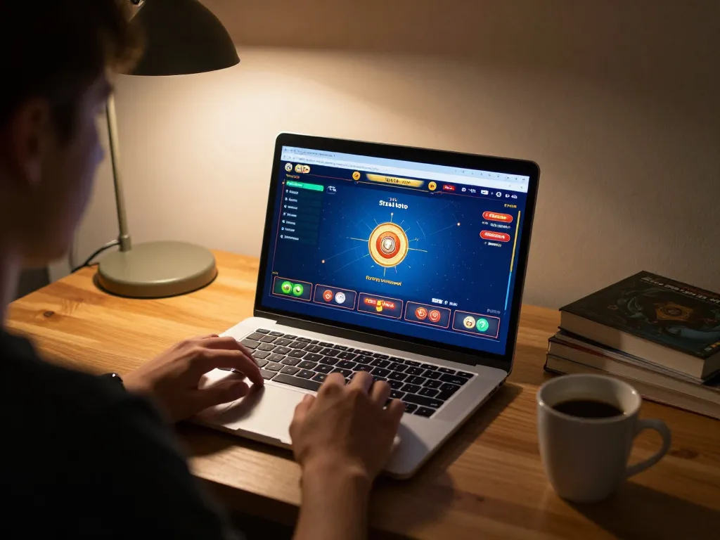 Player enjoying online situs toto gaming at home, showcasing strategic betting with laptop and notes