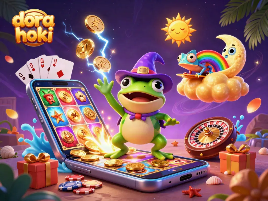 Dora hoki menggemparkan jackpot dengan kepingan emas yang mengalir dari ponsel permainan.