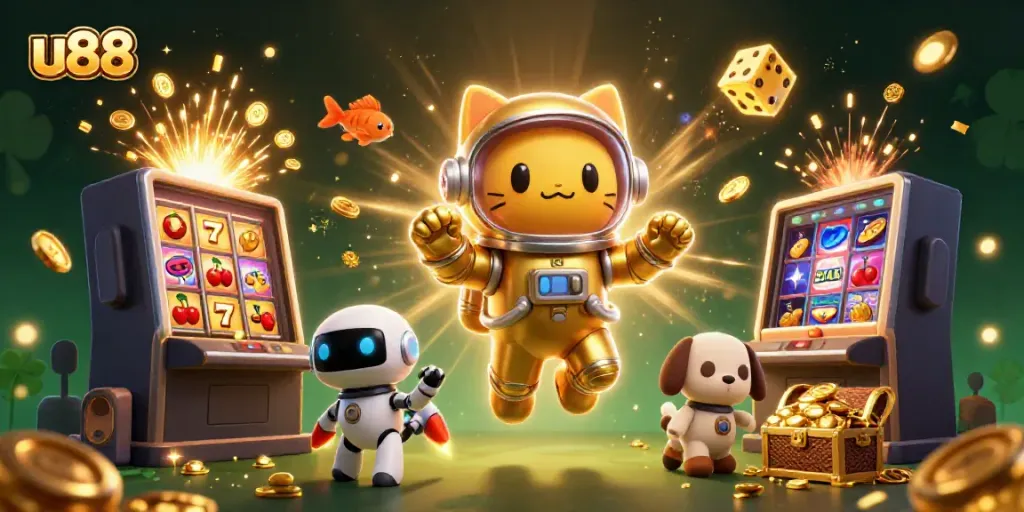 Experience thrilling wins at U88 with a dazzling slot machine bursting with coins and vibrant gaming elements.