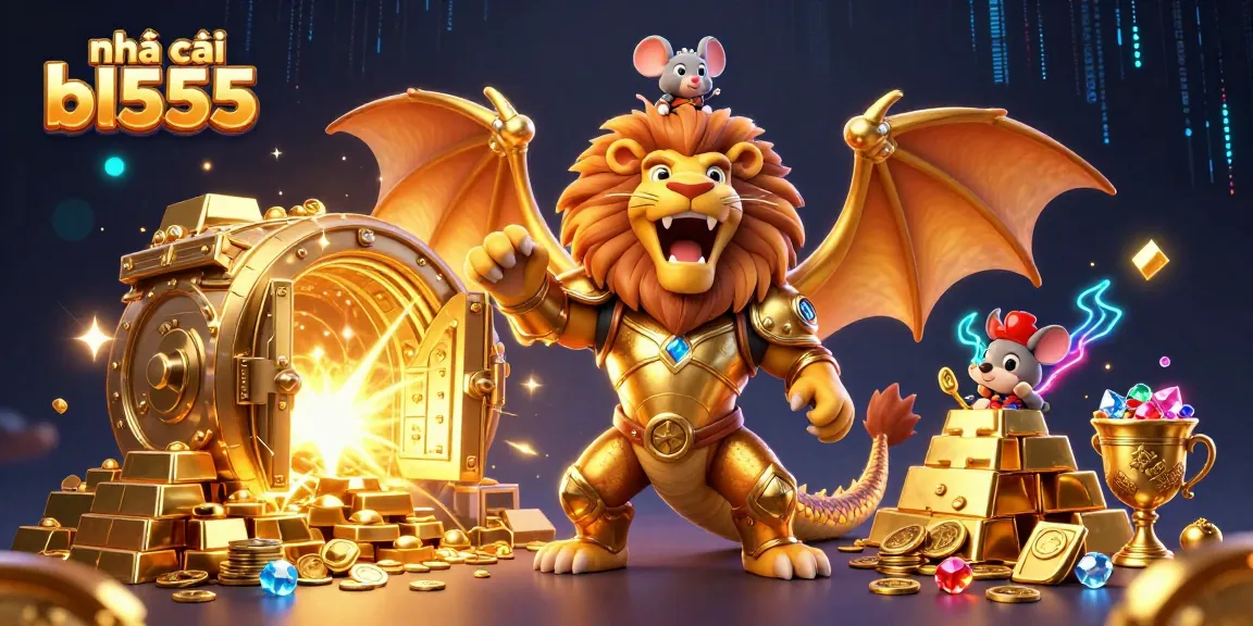 Experience the thrilling excitement of nhà cái bl555 as a golden chimera triumphs amidst treasure and dazzling gems.