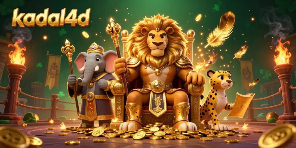 Kadal4d showcases a fierce lion king in royal armor, surrounded by a wise elephant and a swift cheetah amid a vibrant gambling scene.