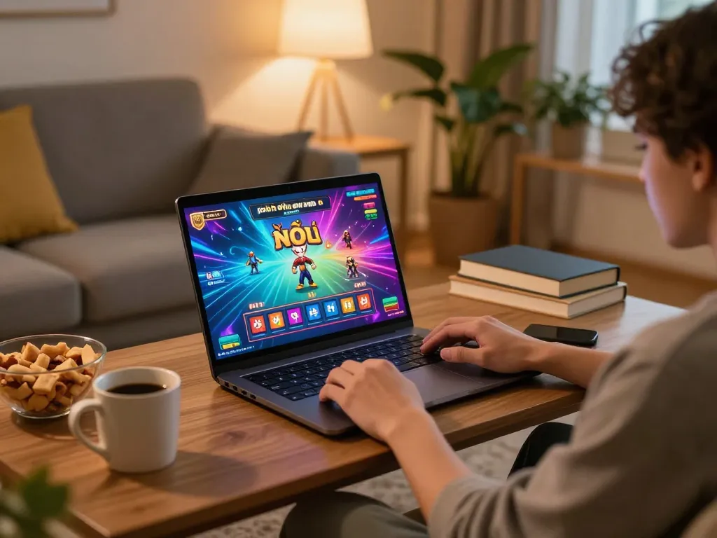 Playing nổ hũ online from home, showcasing engaging gameplay on a laptop in a cozy setting